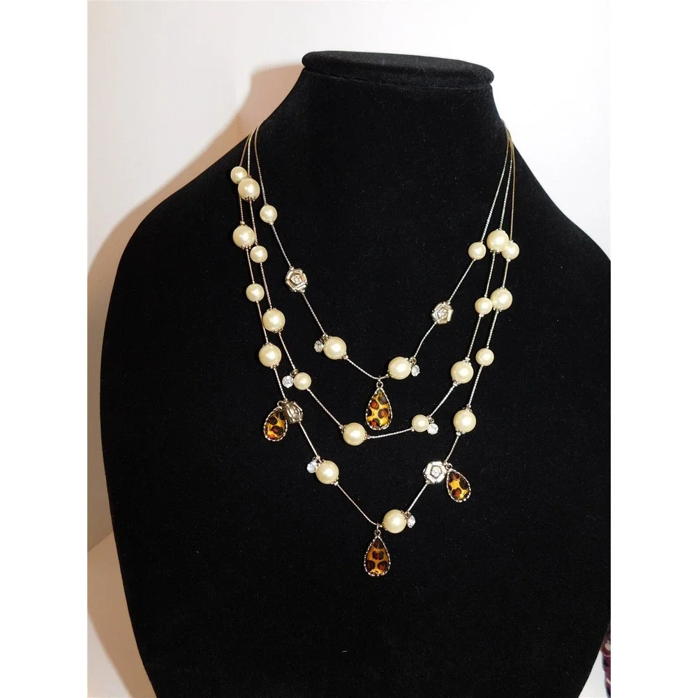 New Betsey Johnson Pearl Jewel Rose Charm Multi Strand Necklace 18.5‎ inch
